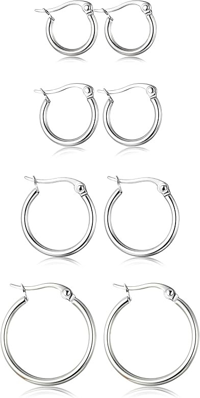 ORAZIO 4 Pairs Stainless Steel Hoop Earrings Set Cute Huggie Earrings for Women,10MM-20MM | Amazon (US)