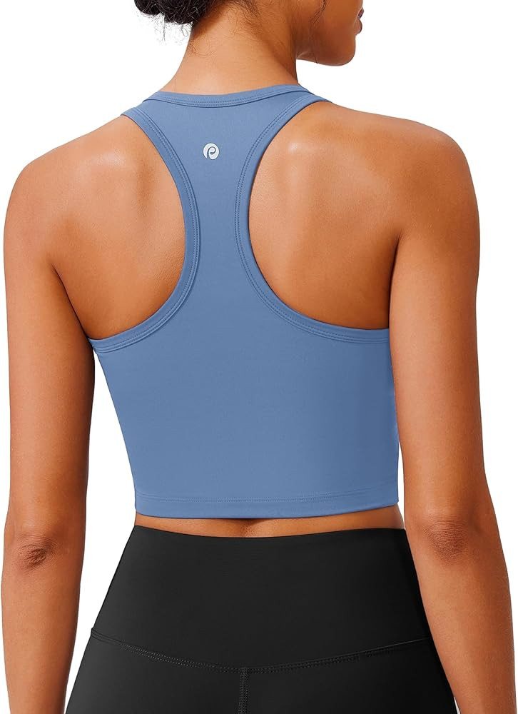PINSPARK Racerback Crop Tank Tops for Women Longline Padded Sports Bra Scoop Neck Workout Yoga To... | Amazon (US)