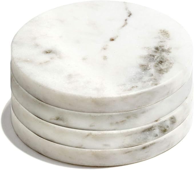 Real Marble Coasters for Drinks - Set of 4, Round White Marble Coasters, Natural Stone, Mid Centu... | Amazon (US)