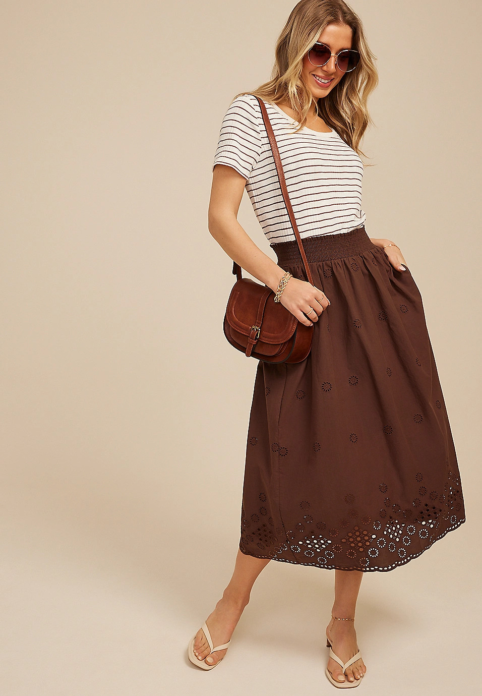 Brown Eyelet High Rise Maxi Skirt | Maurices