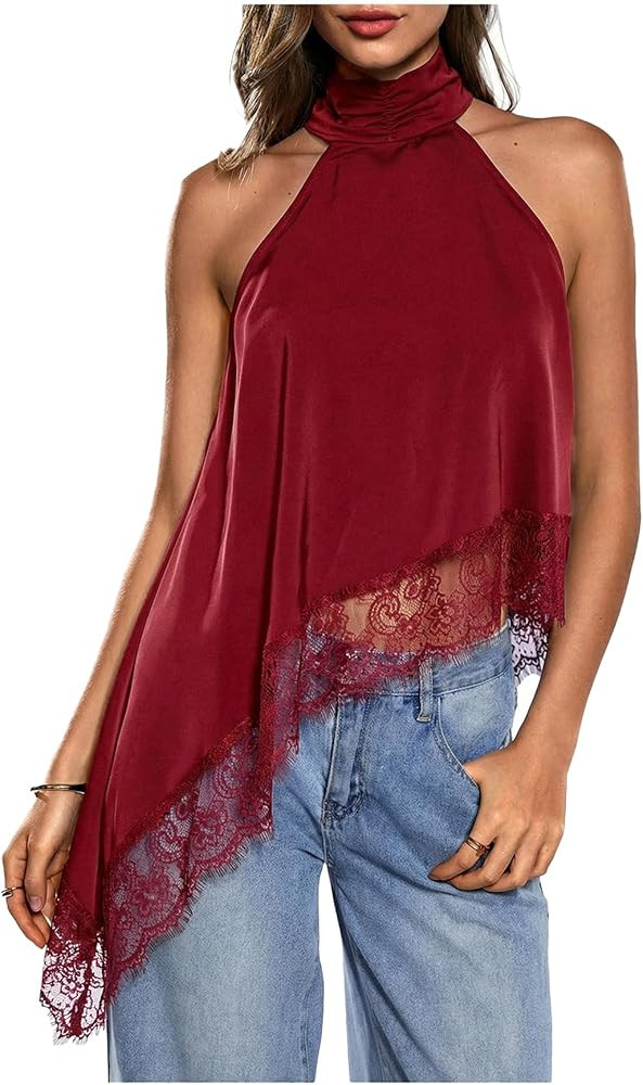 Milumia Women's Halter Neck Sleeveless Top Lace Asymmetrical Hem Summer Going Out Tank Tops | Amazon (US)
