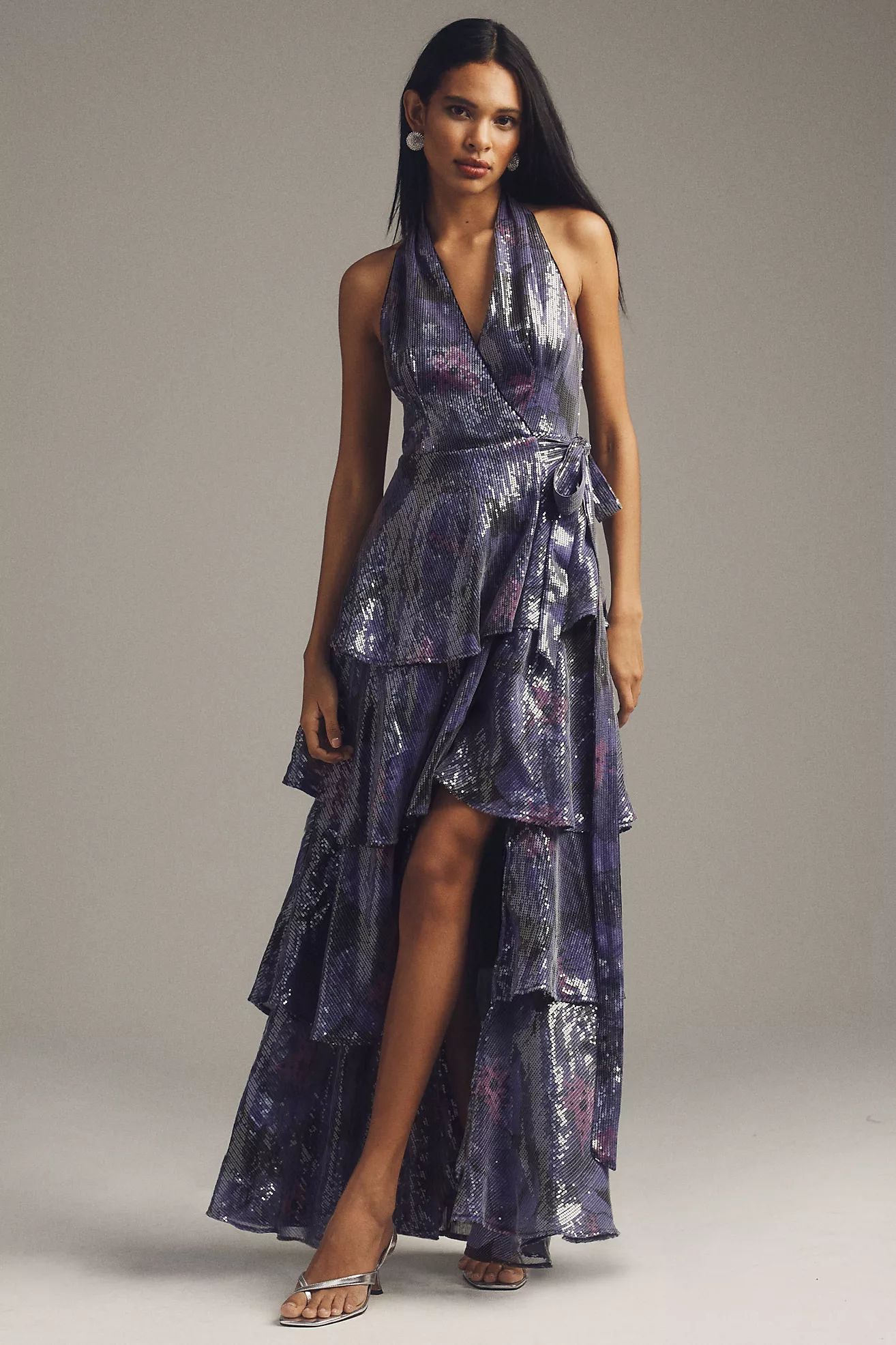 Hutch Paige Sleeveless Halter Sequin Printed Tiered Wrap Maxi Dress | Anthropologie (US)