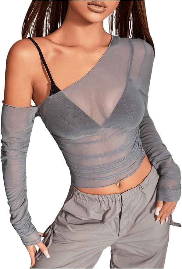 OYOANGLE Women's Sheer Mesh One Shoulder Top Long Sleeve Ruched Sexy See Through Crop Tee | Amazon (US)