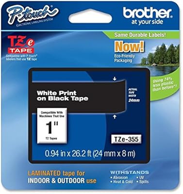 Brother Genuine P-touch TZE-355 Tape, 1" (0.94") Wide Standard Laminated Tape, White on Black, La... | Amazon (US)