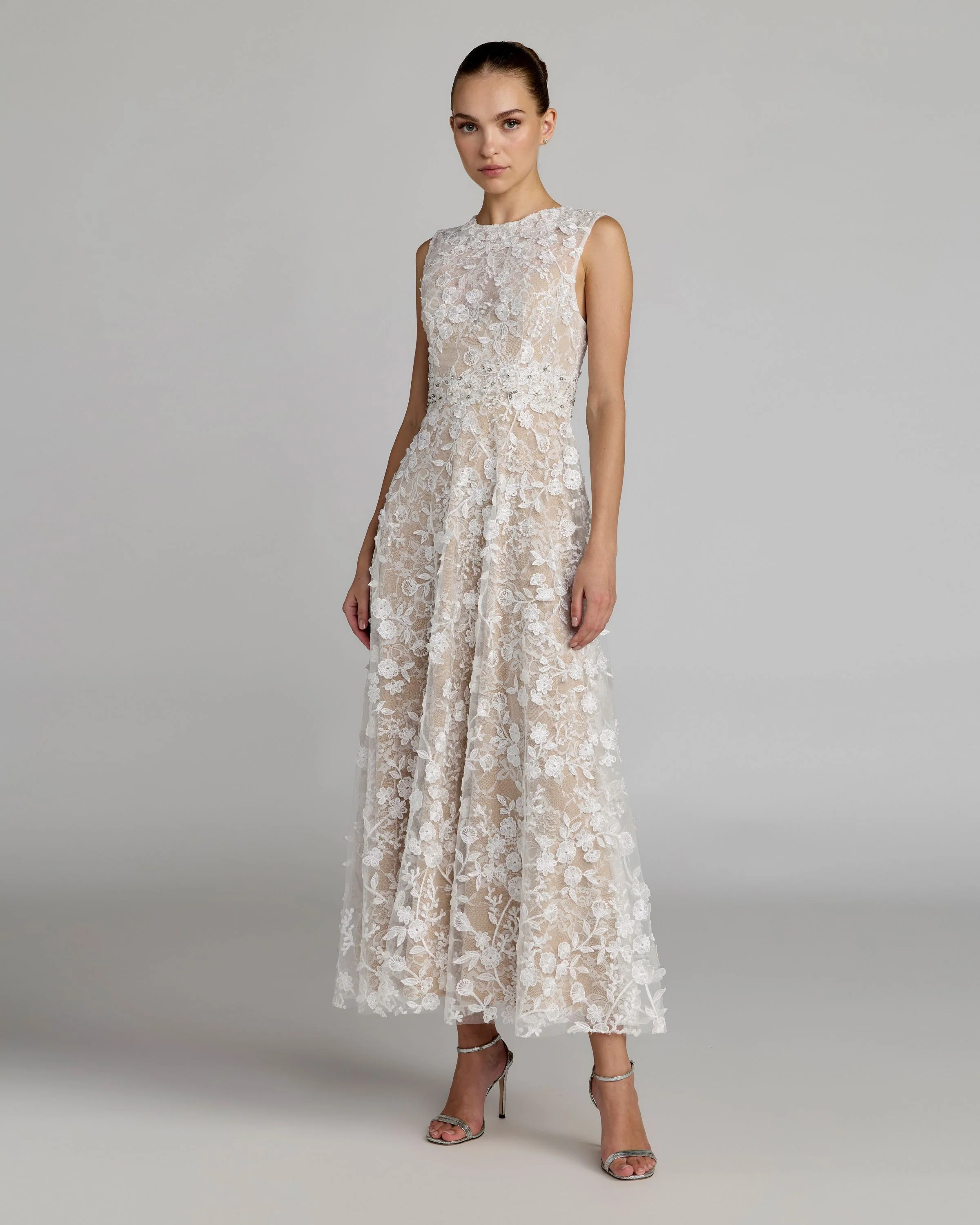 Ivory Floral Embroidered High Neck Midi Dress | Mac Duggal | Mac Duggal