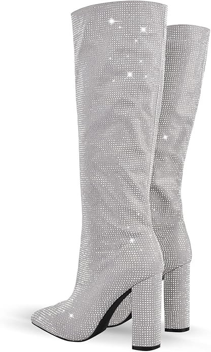 Women's Rhinestone Knee High Boots Chunky Heel Pointed Toe Pull on Glitter Party Sexy Mid Calf Bo... | Amazon (US)