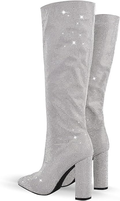 Women's Rhinestone Knee High Boots Chunky Heel Pointed Toe Pull on Glitter Party Sexy Mid Calf Bo... | Amazon (US)