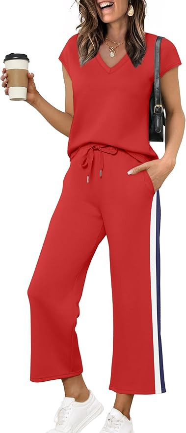 Saloogoe Two Piece Sets for Women Summer Outfits Lounge Sets V Neck Tops Wide Leg Pants Woman Vac... | Amazon (US)