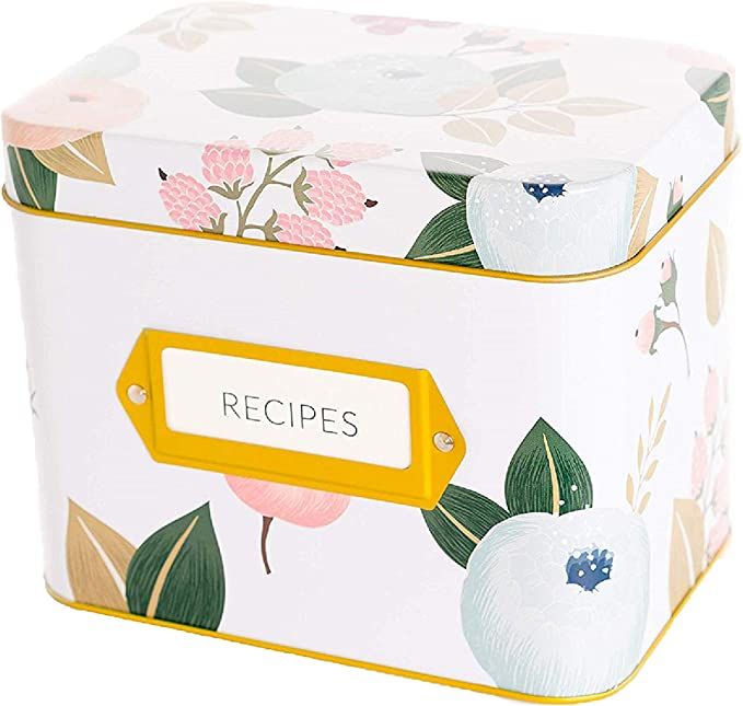 White Floral Recipe Box | 24 Size 4x6 Recipe Cards & 12 Dividers | Vintage Style Recipe Tin | Per... | Amazon (US)