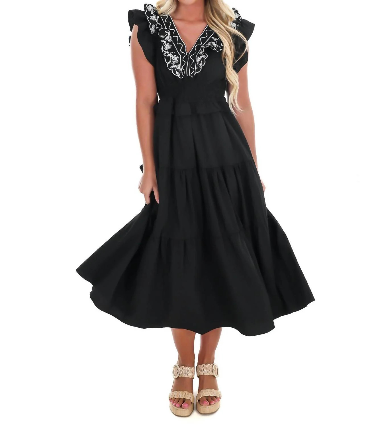Embroidered Tiered Midi Dress In Black | Shop Simon