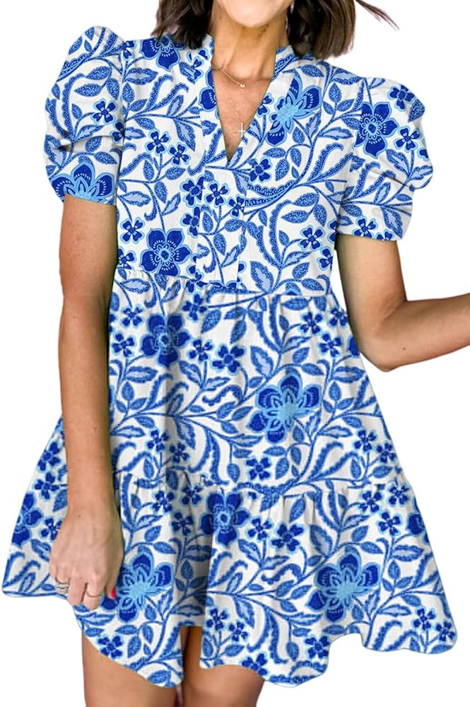 KevaMolly Womens Vintage Floral Dresses Flower Print Ruffled Bubble Sleeve Blouse V Neck Casual D... | Amazon (US)