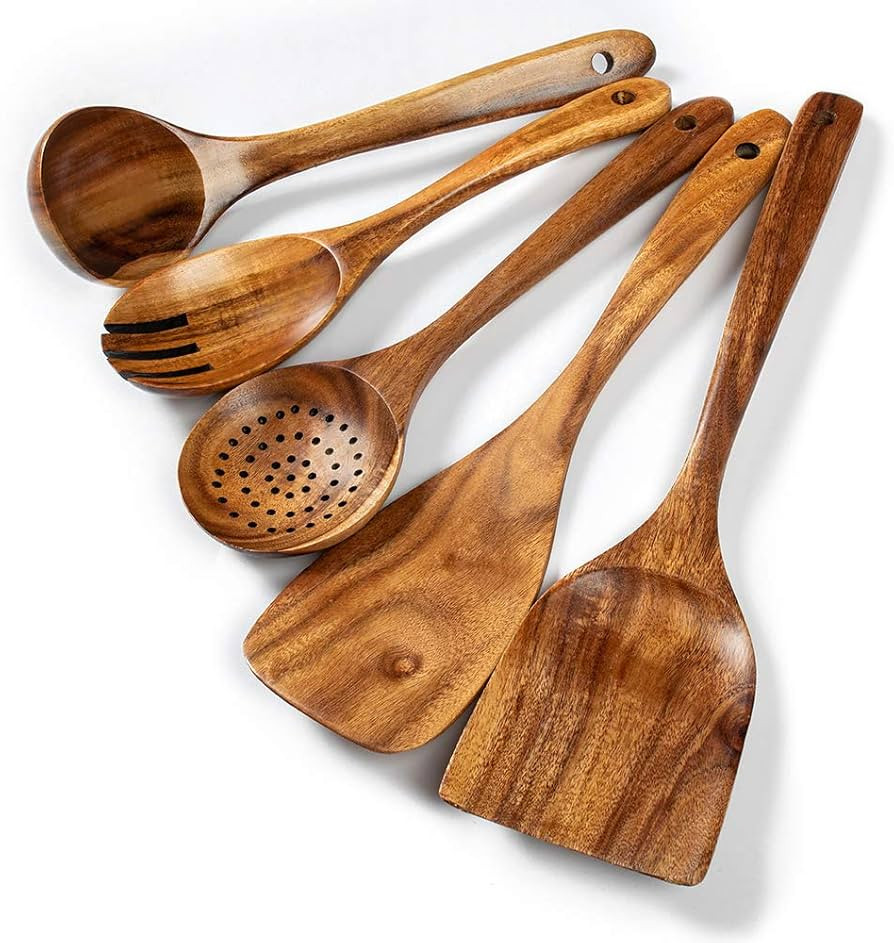 Wood Kitchen Utensils Set, 5 PCs Natural Acacia Wooden Spoons For Cooking for Non-stick Skillet, ... | Amazon (US)