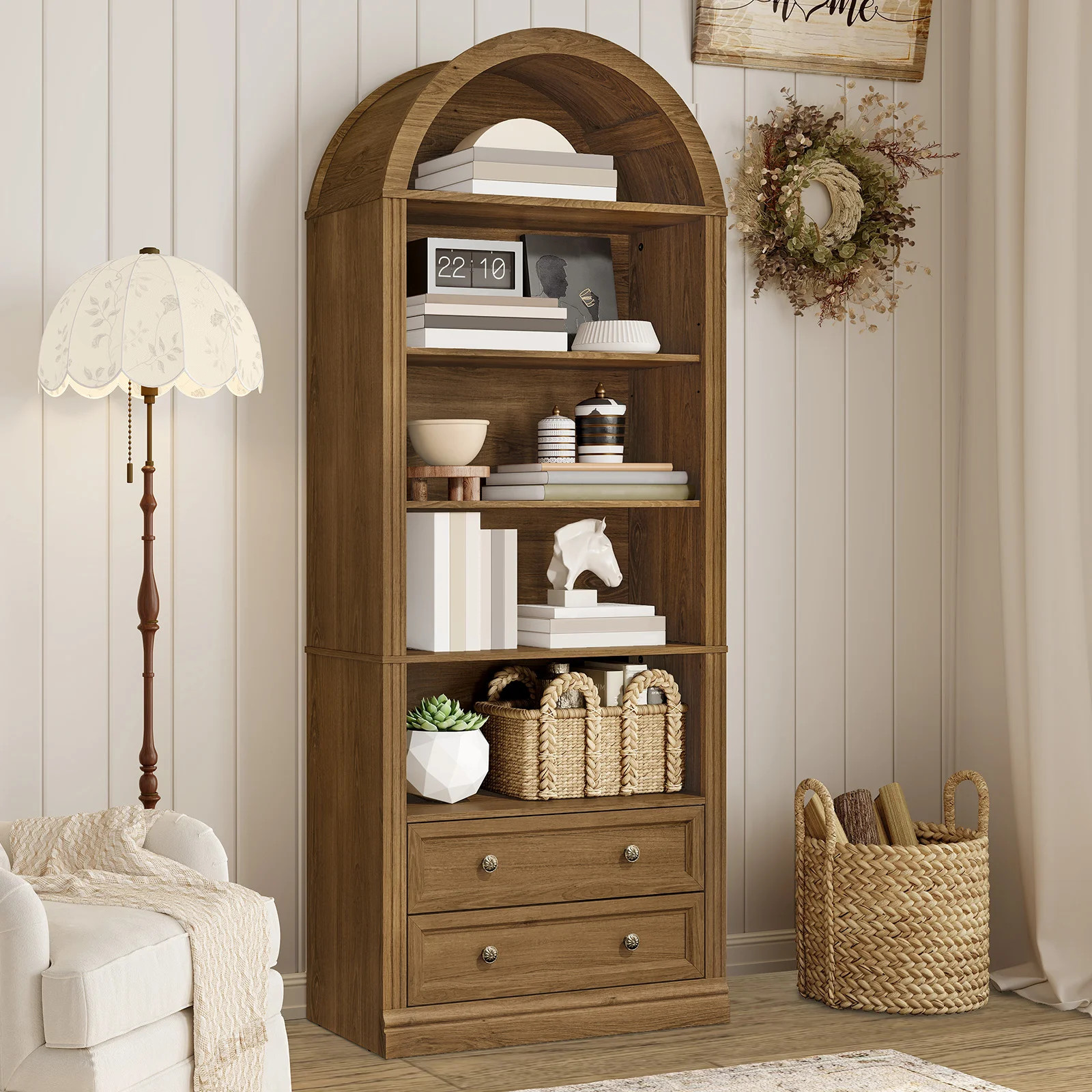 69.7" Farmhouse Arched Bookshelf with Open Display Shelves, 7 Tier Modern Bookcase with 2 Spaciou... | Wayfair North America