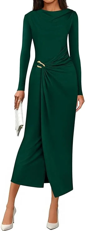 PRETTYGARDEN Women's Fall Wedding Guest Cocktail Midi Dresses Elegant Long Sleeve Bodycon Ruched ... | Walmart (US)