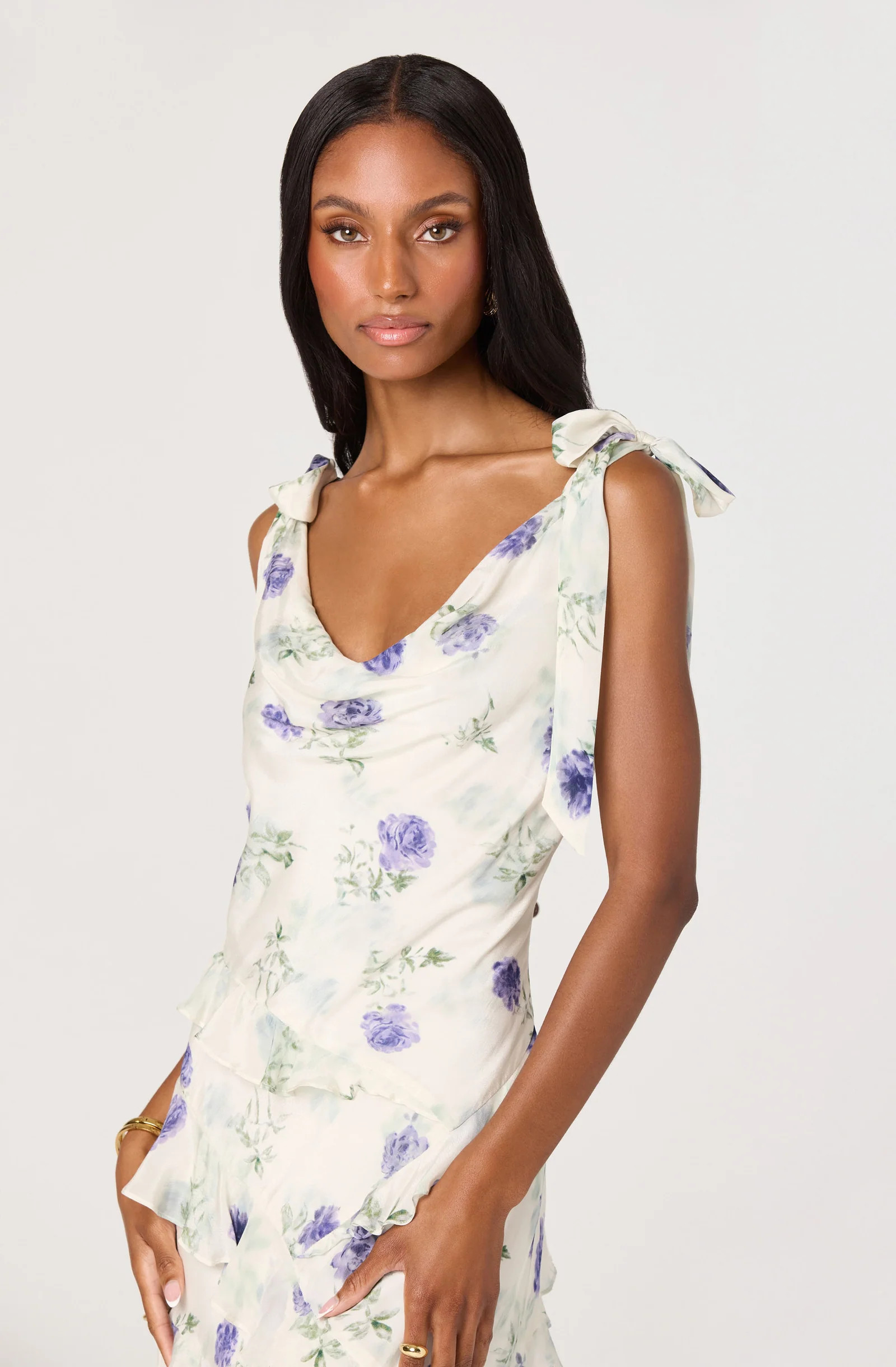 Fen Floral Tie-Strap Ruffle Midi Dress - Off white purple fl / XS | ASTR The Label (US)