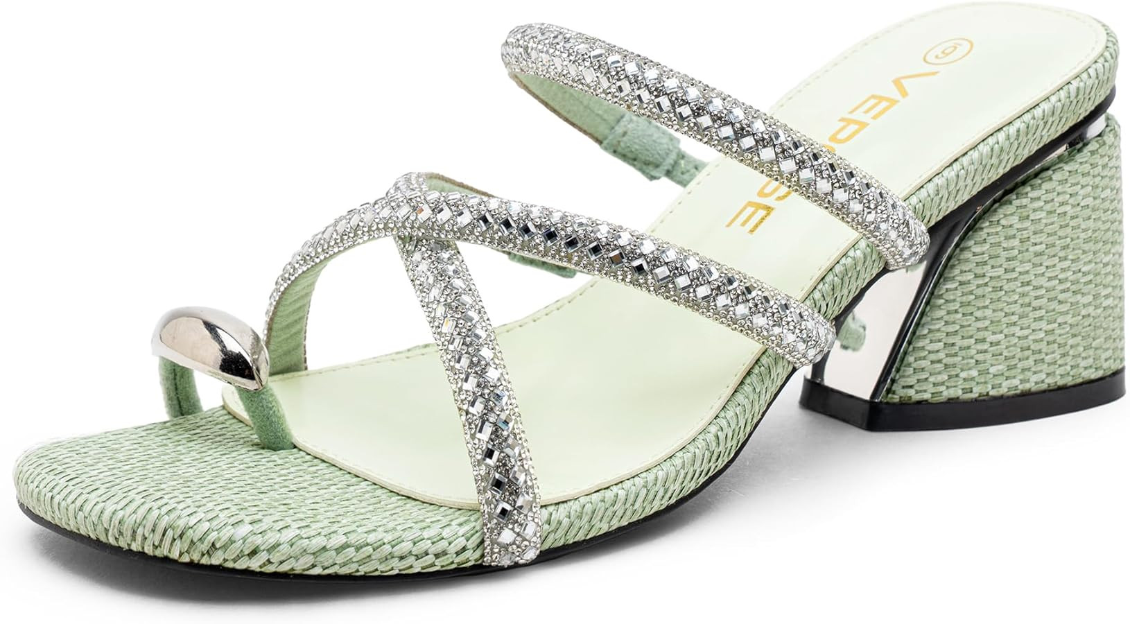 Amazon.com | Vepose Women's Green Heeled Sandals 3 Inch Chunky Block Raffia Heels - Rhinestone Strappy Open Toe Slip On Shoes for Wedding Guest and Prom Dressy Daily Wear, Size 10 US (CJY6122 green 10) | Heeled Sandals | Amazon (US)