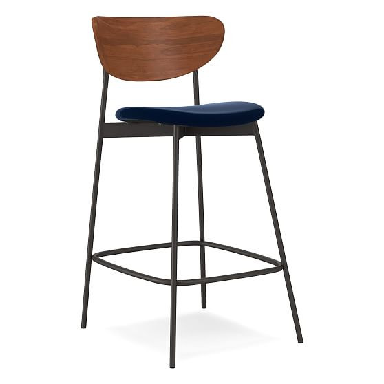 Modern Petal Wood Upholstered Counter Stool, Performance Velvet, Ink Blue, Antique Bronze | West Elm (US)