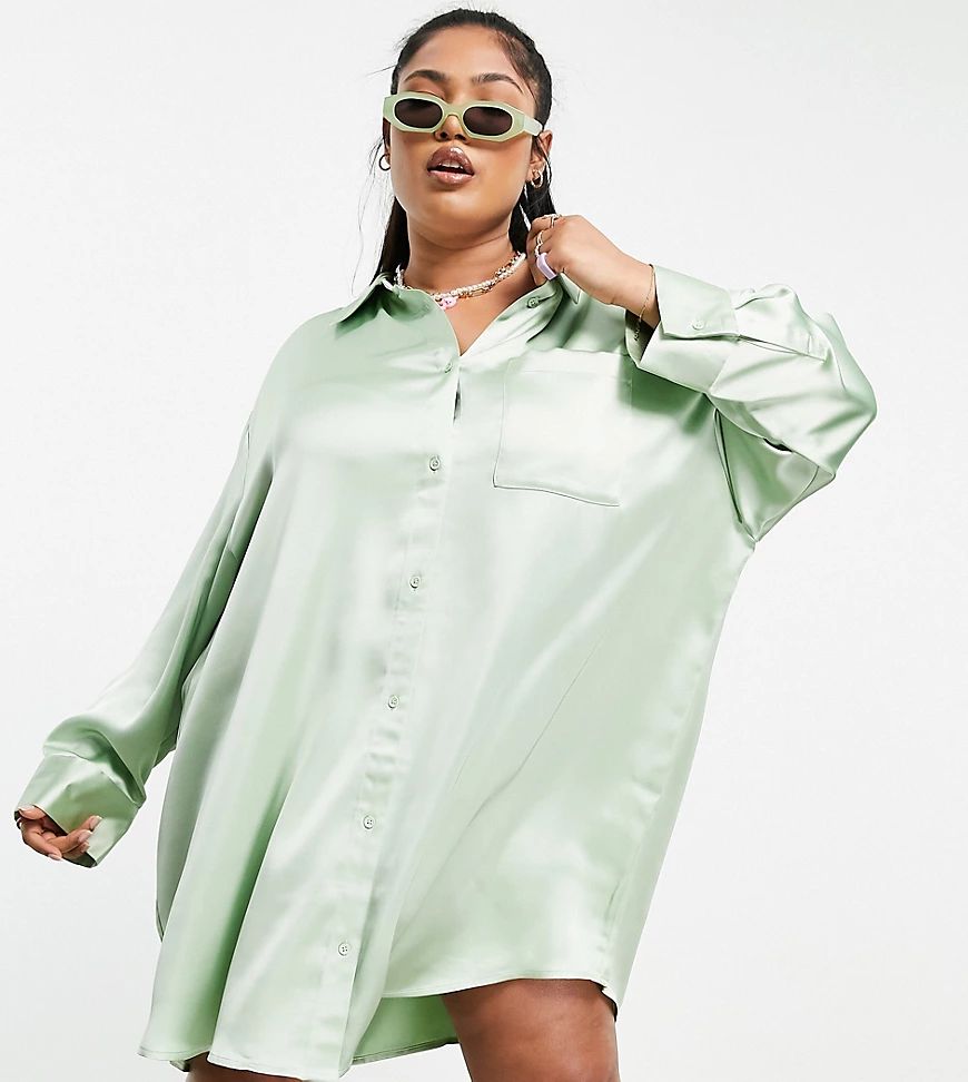 COLLUSION Plus mini satin shirt dress in green | ASOS (Global)