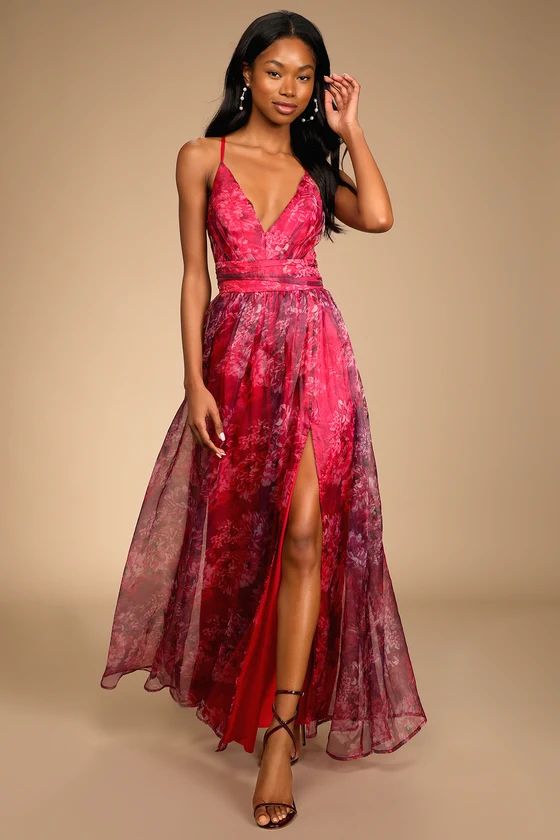 Romance That Wows Magenta Floral Print Organza Maxi Dress | Lulus
