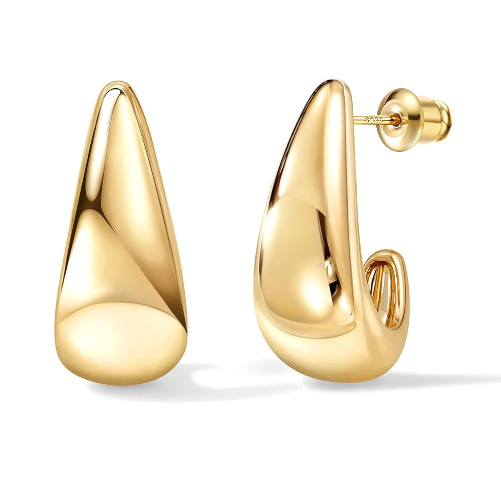 DOCHAIS 925 Silver Chunky Huggie Hoop Earrings for Women | 14K Gold Plated Teardrop & Dome Gold H... | Amazon (CA)