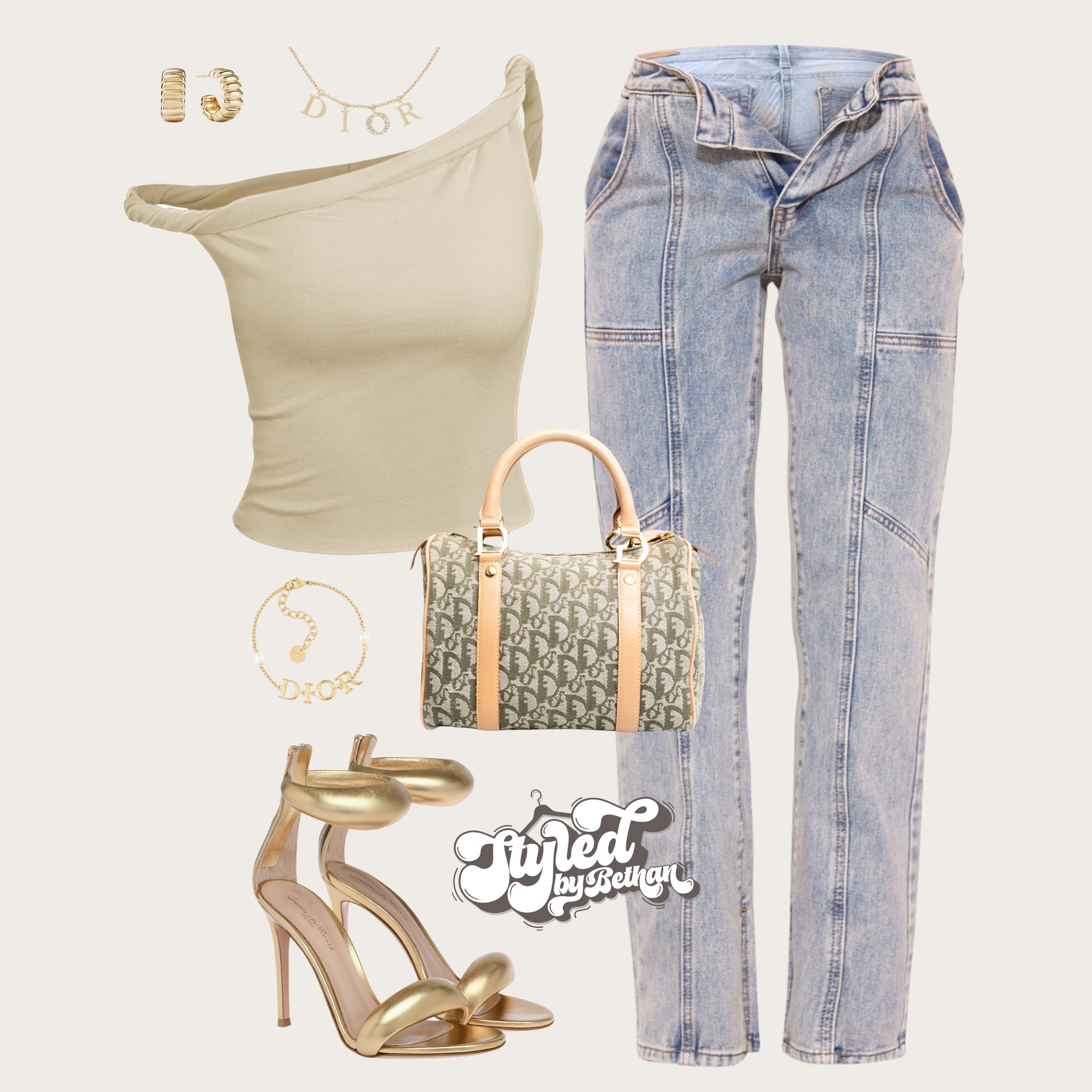 Day drinks 🥂 tags: pretty little thing seam detail jeans, gianvito rossi gold heels, mejuri gold hoop earrings, dior gold necklace and bracelet, dior bag, micas nude off the shoulder top. 

#LTKstyletip #LTKmodest #LTKsummer