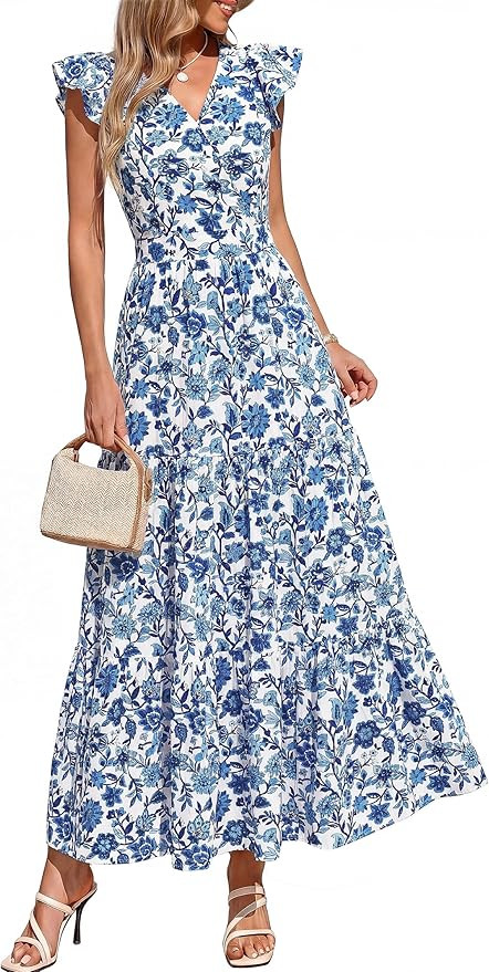 PRETTYGARDEN Women's Spring Summer Maxi Dresses 2026 Casual Wrap V Neck Floral Ruffle Sleeve Flow... | Amazon (US)