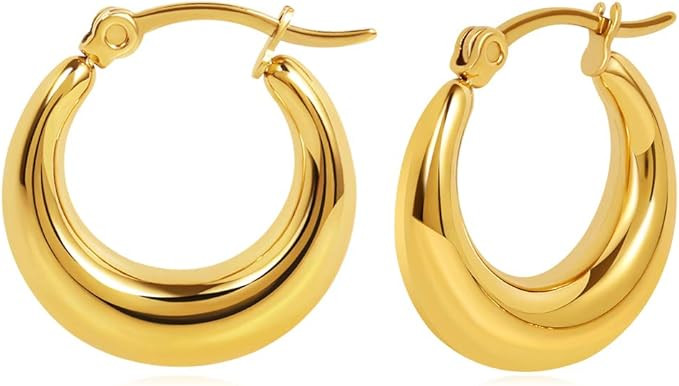 Big Chunky Hoop Earrings for Women 18K Gold Plated Large Thick Hoops Earrings Stainless Steel Lig... | Amazon (US)