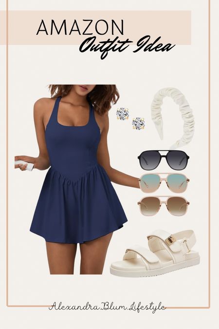 Casual outfit idea from Amazon! Best selling navy blue athletic dress paired with the best selling white strap sandals, and a three pack of aviator sunglasses! Cute casual 4th of July outfit idea! 

#LTKFindsUnder50 #LTKActive #LTKMidsize