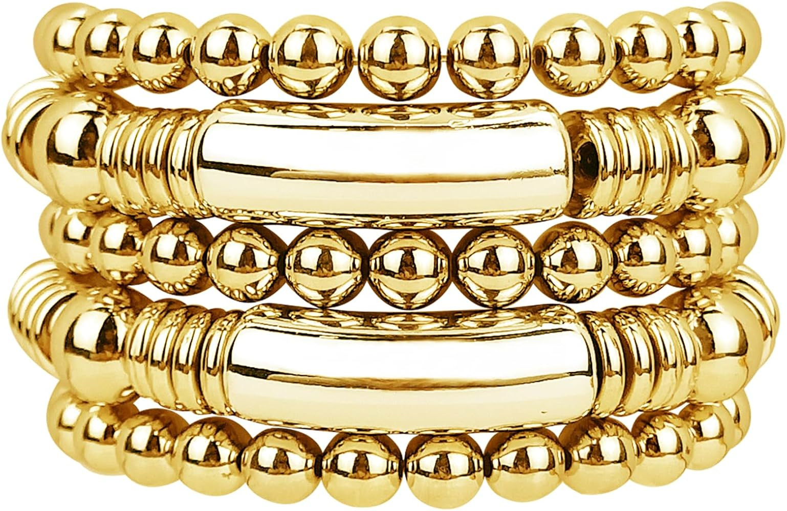 Gold Bangles Bracelet for Women Chunky Curved Stacking Plated Bead Ball Stretchable Bracelets | Amazon (US)