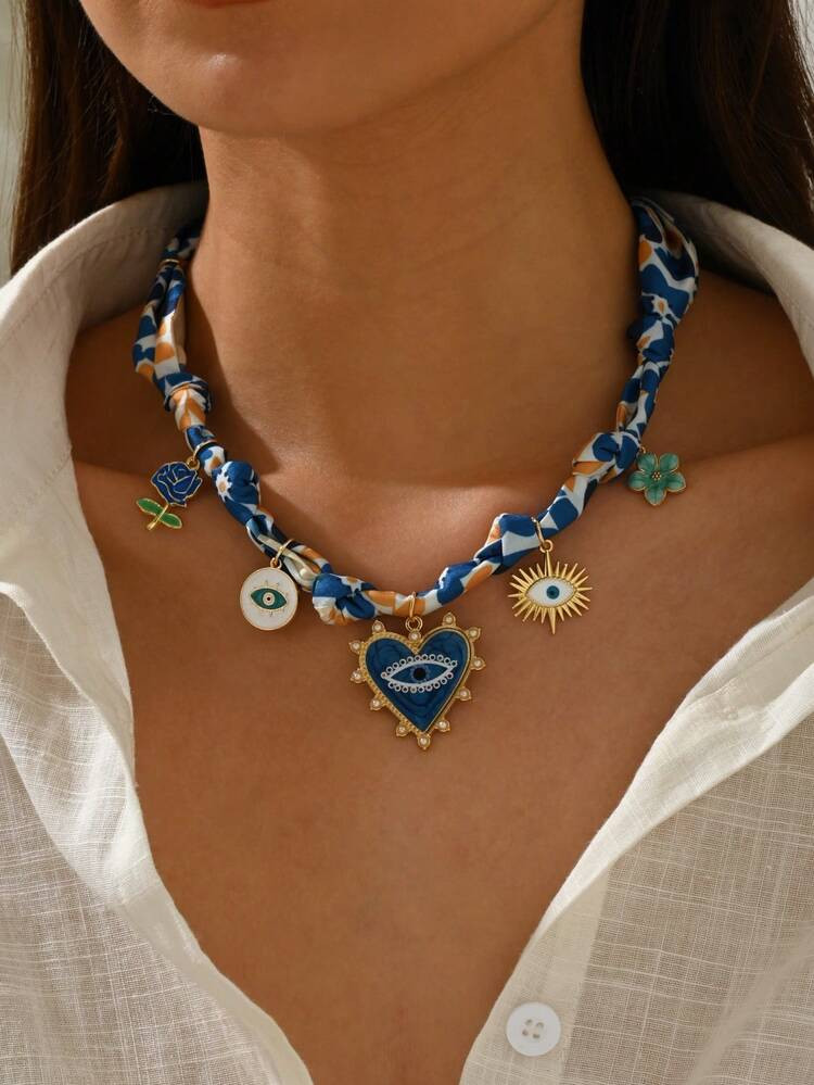 1pc Floral Eye Decor Vacation Scarf Necklace, Blue Women's Necklace, Gift For Mom, Gift For Her | SHEIN