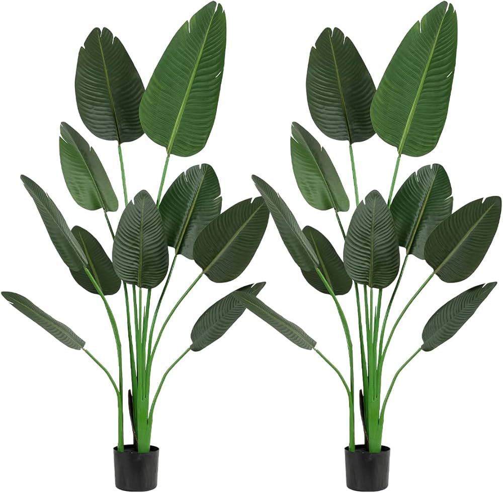 2PCS 6ft Artificial Bird of Paradise Tall Silk Palm Tree in Pot Faux Plants Tropical Leaves Banan... | Amazon (US)