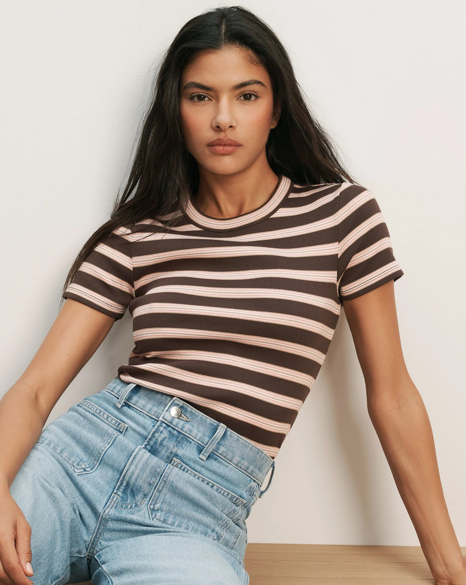 Pruitt Striped Ribbed T-Shirt in Beige & Red Malt/Red Oak/Dove White | Veronica Beard | Veronica Beard