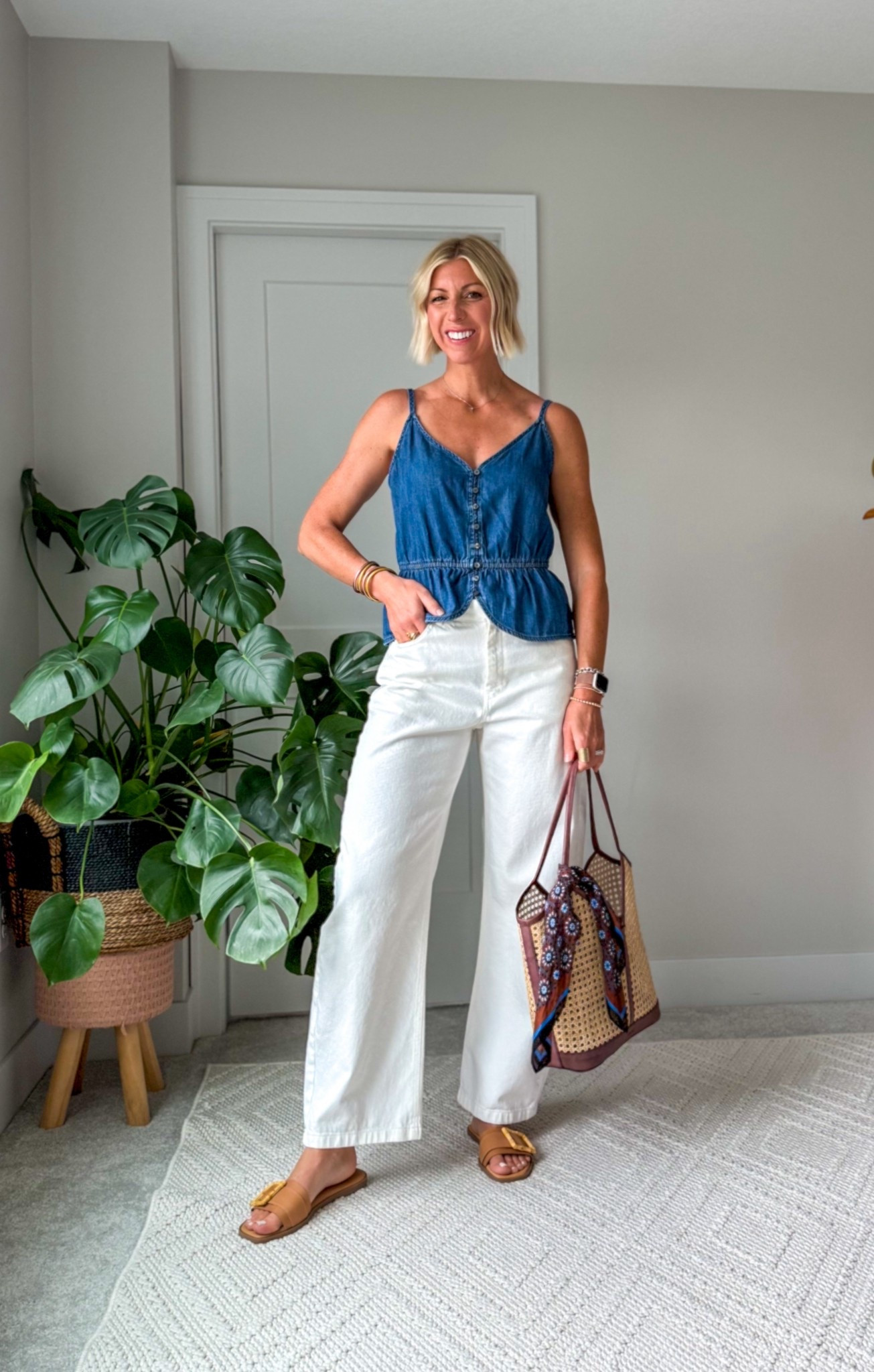 Your Summer Silhouette Formula:
✔️ Mid-Rise, Wide-Leg White Jeans
Skim the tummy. Balance the hips. Create shape—no cling required.
✔️ Waist-Defined Top (No Tuck Needed)
A built-in cinch, a peplum, or a structured seam at the waist = instant polish, zero fuss.
✔️ Classy V-Neckline
Elongates your neck and draws the eye upward. Feminine, flattering, timeless.

#LTKStyleTip #LTKFindsUnder50 #LTKOver40