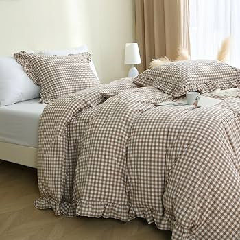 Taupe/White Plaid Ruffle Duvet Cover King Size,100% Washed Cotton 3 Pcs Vintage Checkered Chic Gi... | Amazon (US)