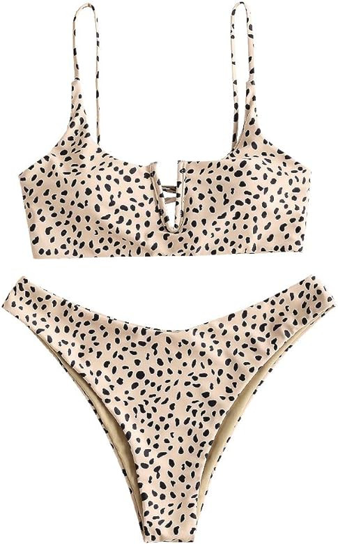 ZAFUL Women's V Wired Bikini Set Leopard Colorblock Ribbed Swimwear Sexy High Cut Cheeky Two Piec... | Amazon (US)