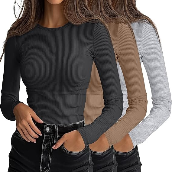 Ficerd 3 Pack Women's Ribbed Long Sleeve Tops, Crew Neck Slim Fit Undershirts Knit Basic Casual S... | Amazon (US)