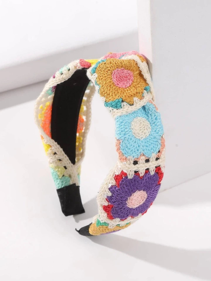 1pc Women Floral Pattern Knot Decor Boho Crochet Wide Headband For Daily Life | SHEIN