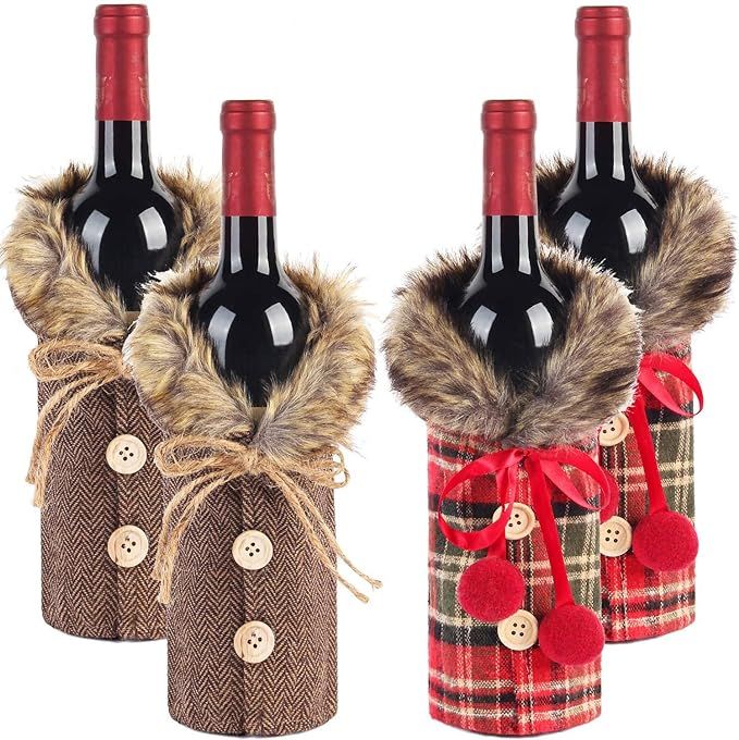 Tanlee 4 Pieces Christmas Sweater Wine Bottle Covers Plaid Wine Bottle Clothes Linen Wine Bottle ... | Amazon (US)