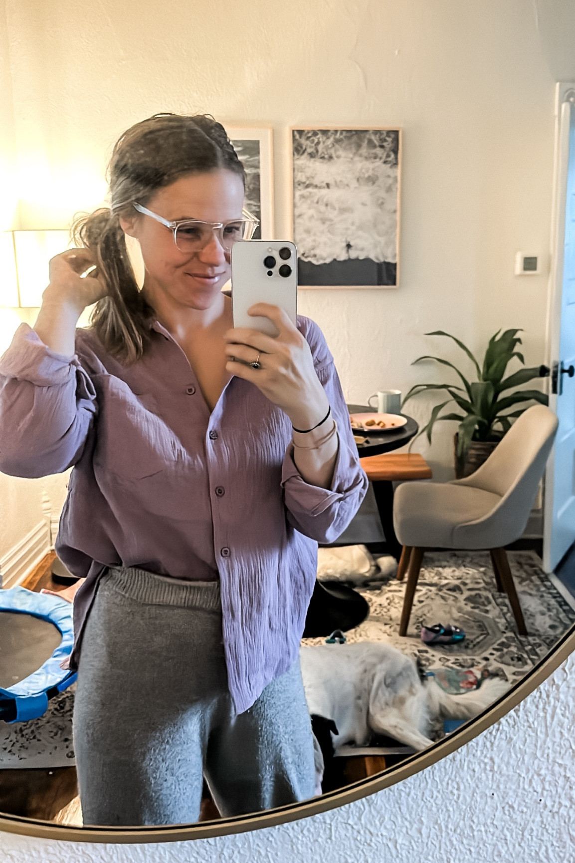 Todays mom lounge outfit, perfect for lounging at home but still feeling cute! 100% cotton shirt and wool pants. Super cozy lounge outfit for a chilly fall day. Fall outfit ideas. 

#LTKhome #LTKSeasonal #LTKstyletip