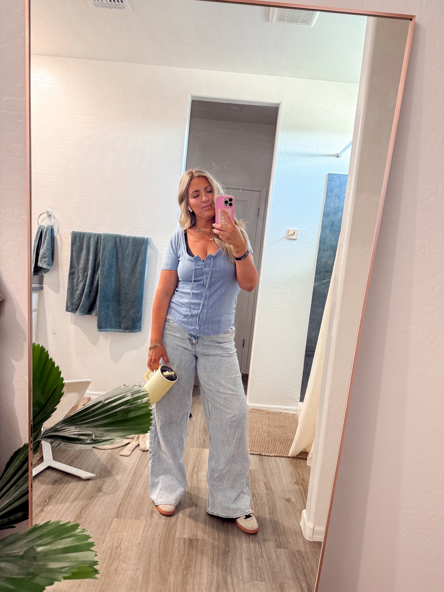 American Eagle dreamy drape jeans and cutest baby blue top // obsessed with my new hydrojug

#LTKFindsUnder50 #LTKStyleTip #LTKShoeCrush