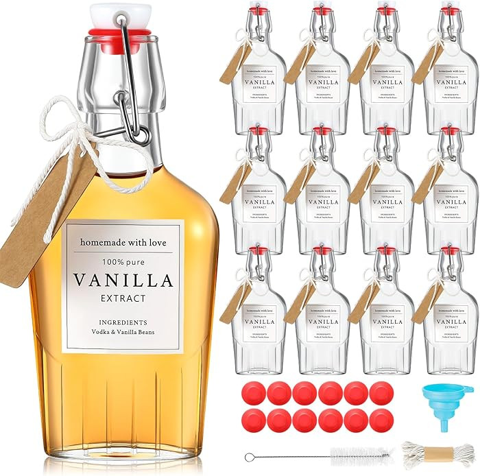 12 Set Swing Top Glass Flask Homemade Vanilla Extract Bottles with Stoppers Stickers Jar Brush Fu... | Amazon (US)