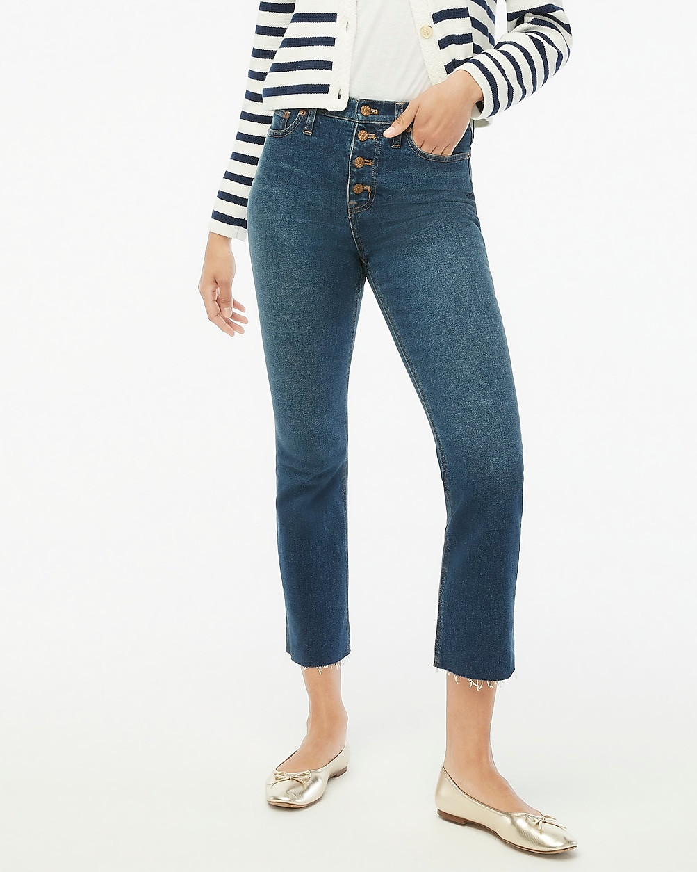 High-rise flare crop jean with button fly in all-day stretch | J.Crew Factory