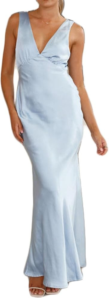 Gmeitoey Summer Satin Formal V Neck Backless Sleeveless Maxi Dress for Women 2026 Elegant Cocktai... | Amazon (US)