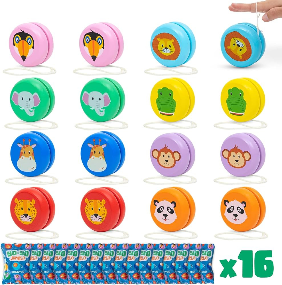 Yo Yo for Kids Pack 16 Jungle Animals Kids Party Favors - BONNYCO | Wooden Yoyo Bulk, Safari Good... | Amazon (US)