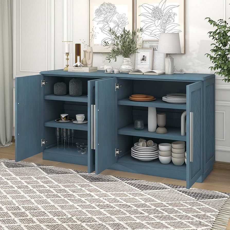 Sideboard with 4 Doors Large Storage Space,Buffet Cabinet with Adjustable Shelves and Silver Hand... | Amazon (US)