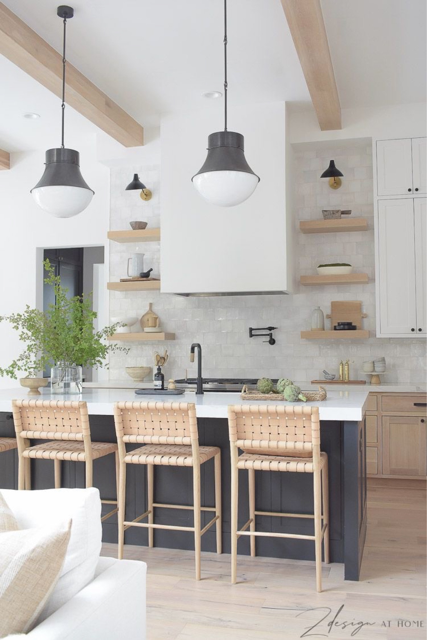 Lattice leather barstools.  White oak barstools.  Black kitchen pendants.  White oak shelves.  Kitchen counter decor.  Kitchen island decor. Home decor.  Kitchen backsplash tile.  Pot filler.  Kitchen faucet 

#LTKSeasonal #LTKFind #LTKhome
