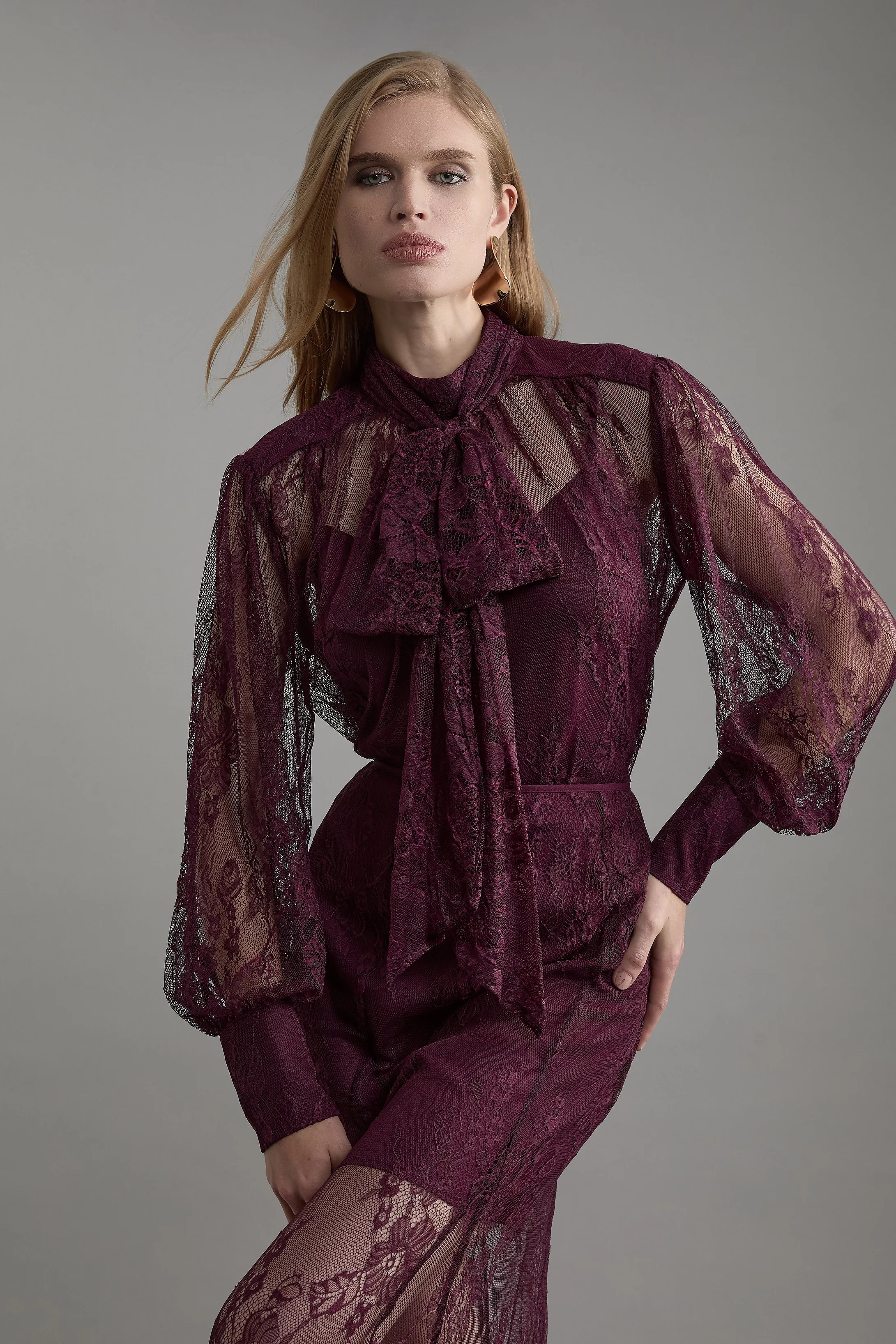 Sheer Lace Balloon Sleeve Bow Detail Blouse | Karen Millen US