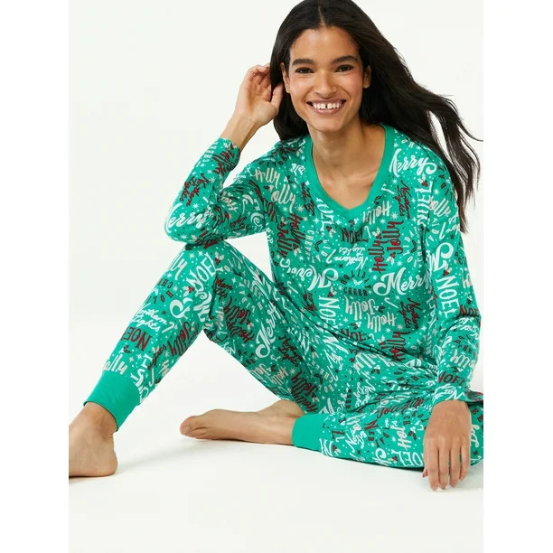 Joyspun Women's Long Sleeve Sleep Top and Jogger PJ Set, 2-Piece, Sizes up to 3X - Walmart.com | Walmart (US)
