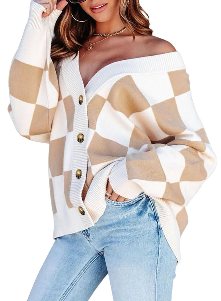 Dokotoo Womens Plaid V Neck Button Down Long Sleeve Cable Knit Oversized Cardigan Sweaters Tops | Amazon (US)