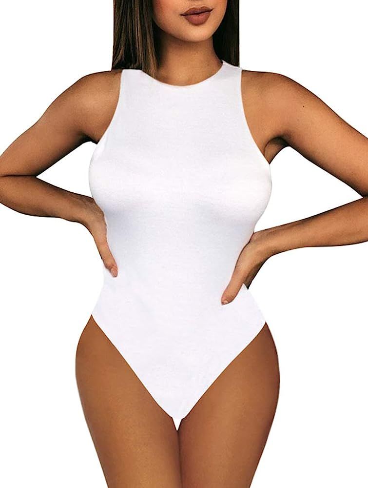 XXTAXN Women's Sexy Basic Sleeveless Round Neck Bodycon One Piece Bodysuit | Amazon (US)